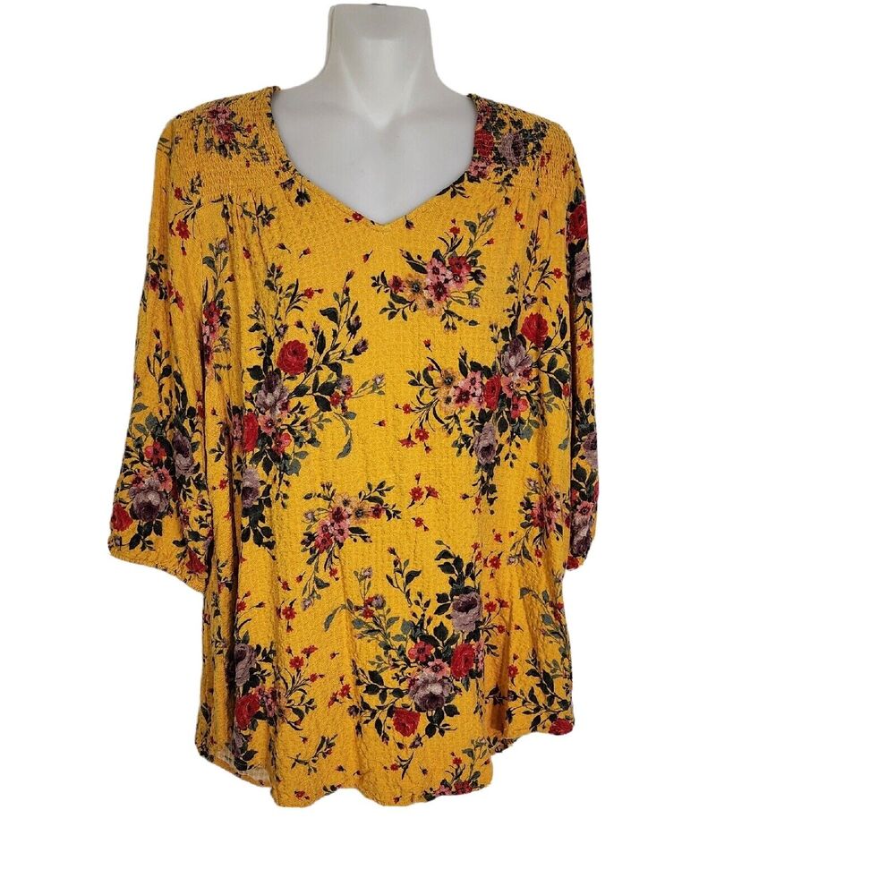 Torrid Womens Tunic Top Sz 2X Crinkle Gauze Smocked Floral Mustard Floral V Neck